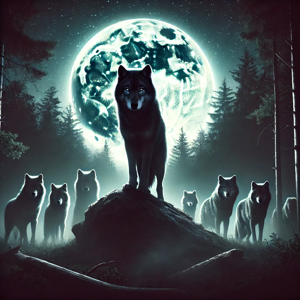 Wolf
	pack under the moonlight